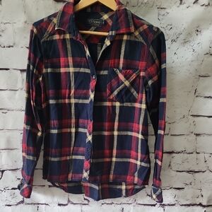 Gi Sono Navy Blue & Red Plaid Button-Up Shirt Size S Preppy Classic Top